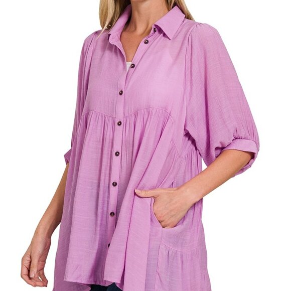 ZENANA S/M LINEN TIERED POCKETS SHIRT HI-LOW HEM BUTTON FRONT LAVENDER BLOUSE - Picture 1 of 5